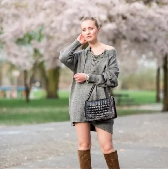 Zara Lace Up Oversized Wool Mohair Mock Neck Sweater Dress Grey Size Medium - Picture 6 of 11